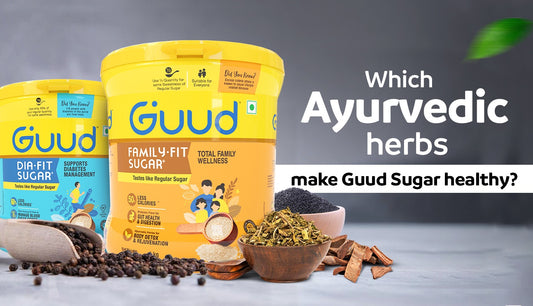 What are the ayurvedic herbs infused in Guud Sugar to make it healthy?